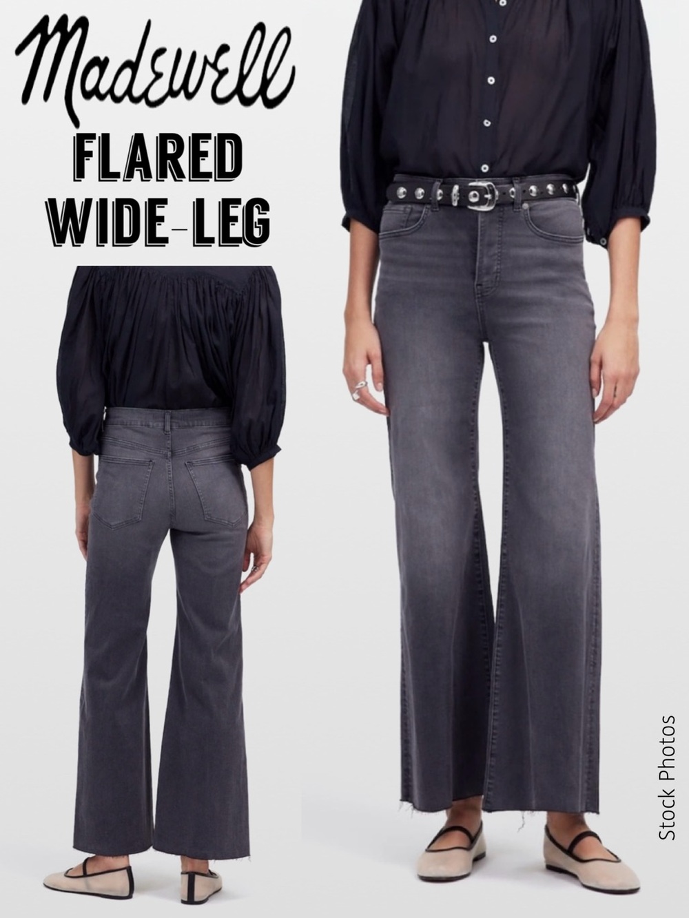 Madewell NT919 Flared Wide-Leg High-Rise Cropped Raw Hem Faded Black (29)